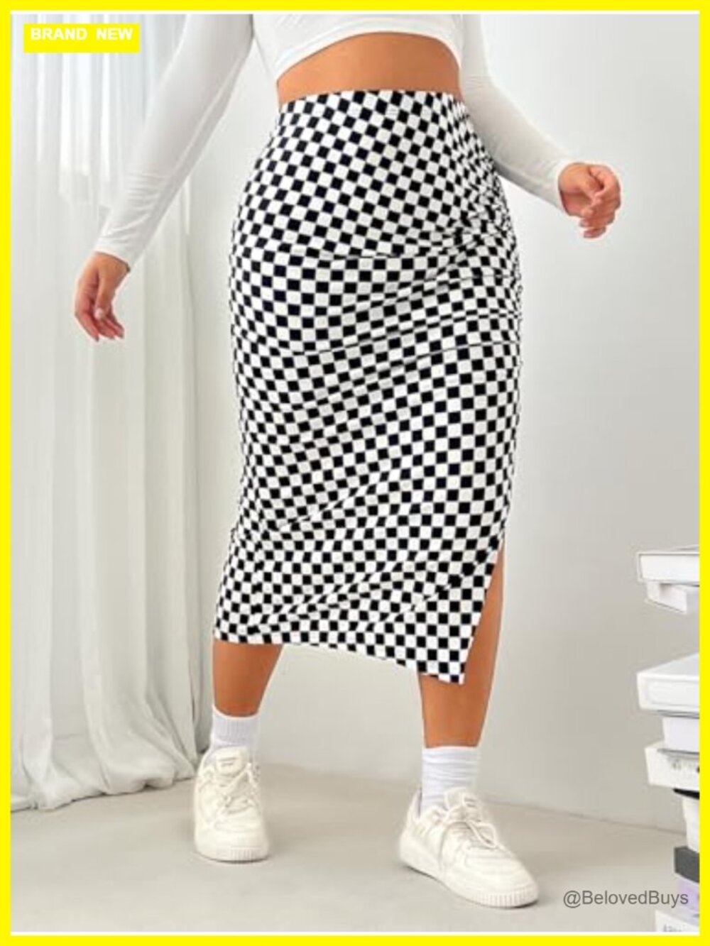 Plus Size Plaid Bodycon Midi Skirt Ruched Split High Rise - Picture 5 of 6
